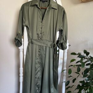 French Connection Satin Look Olive Green Belted Midi Dress